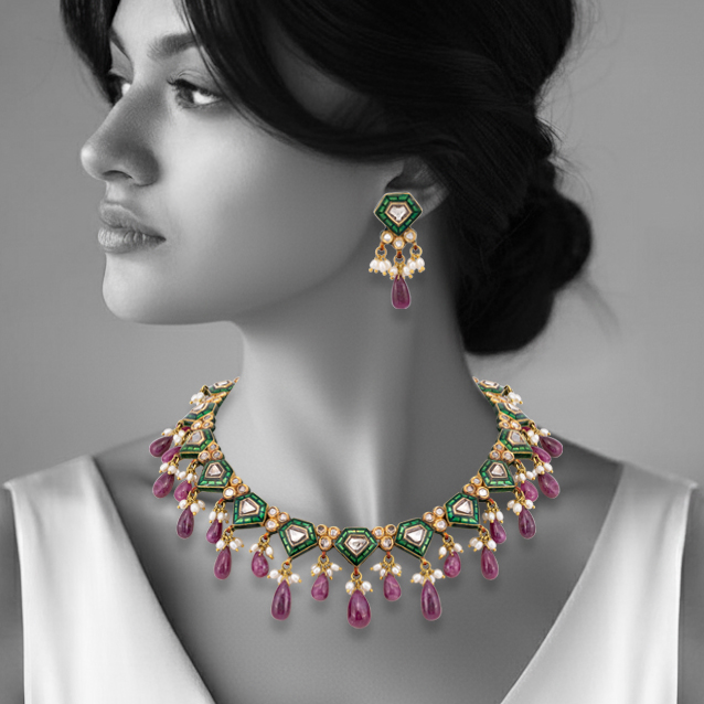 Green Talaf Polki Neacklace Set with Ruby Colour Drops